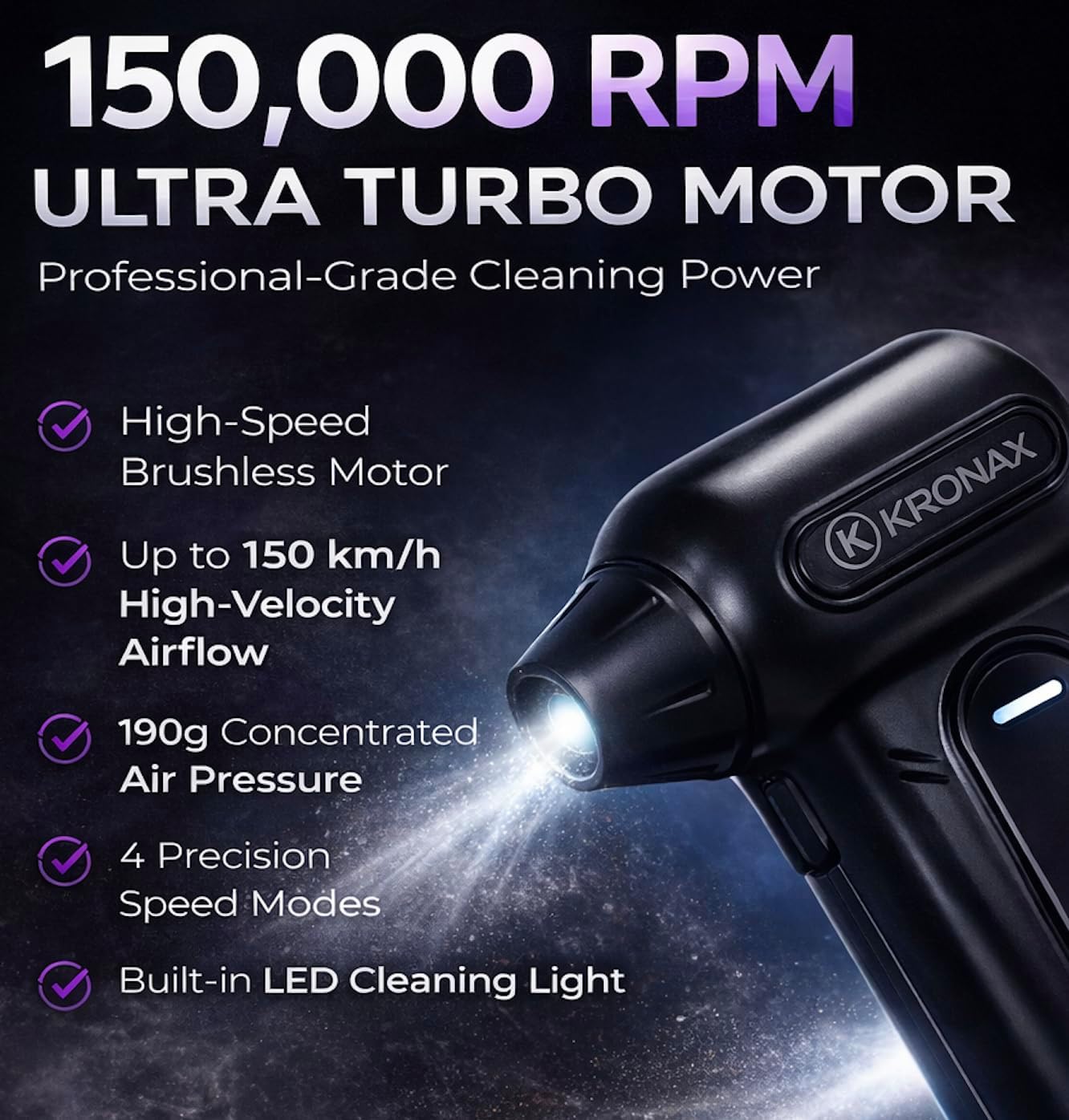 KRONAX 5-in-1 Electric Air Duster & LED Jet Blower 150,000 RPM
