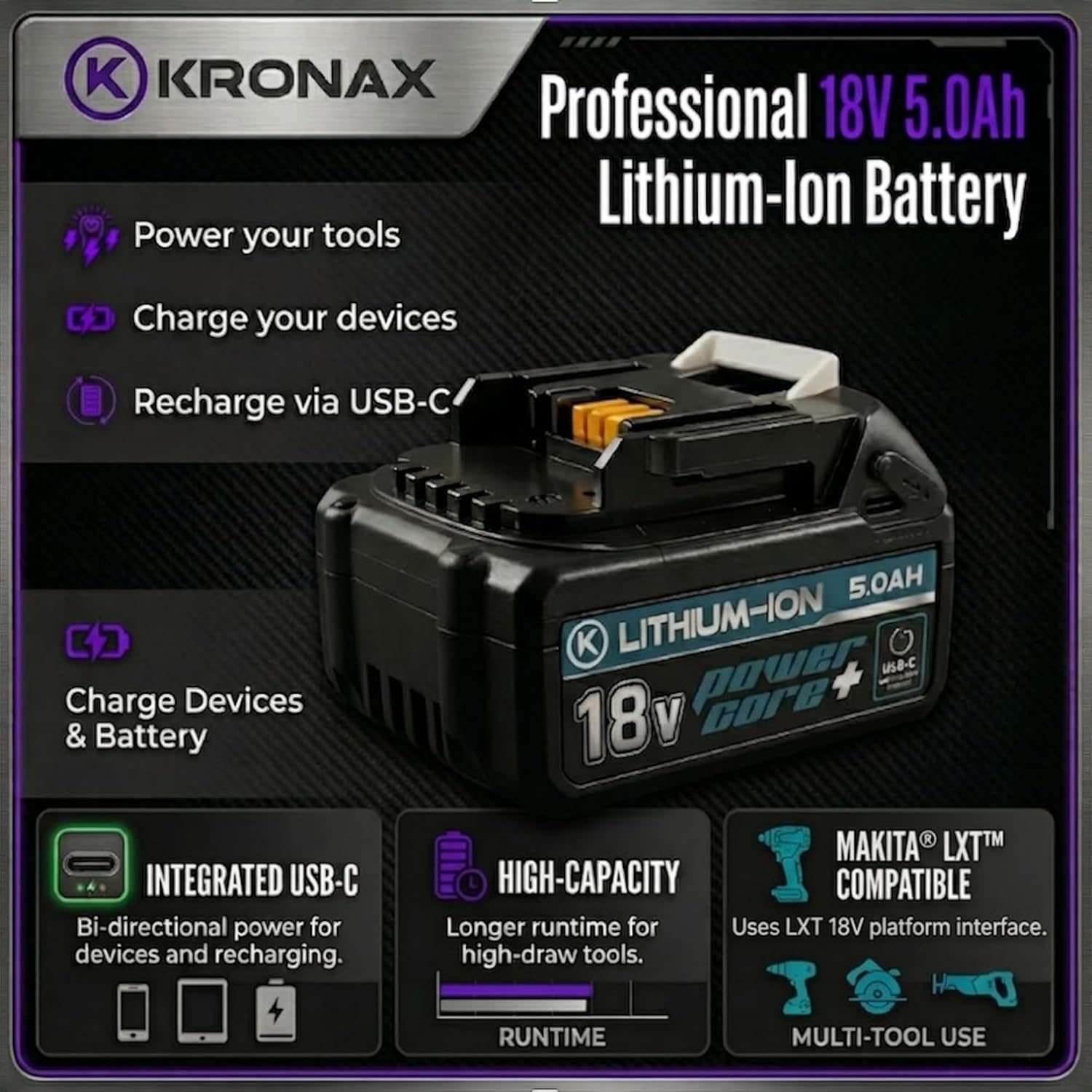 KRONAX 18V 5.0Ah Battery with USB-C for Makita LXT Tools