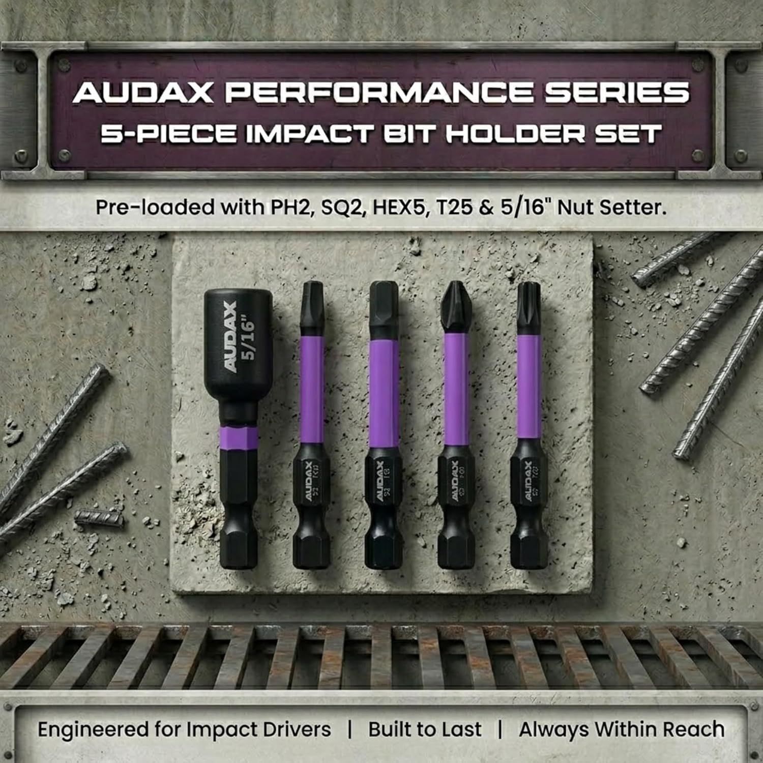 AUDAX 5-Piece Impact Bit Holder Set with HYPERTORQUE Bits