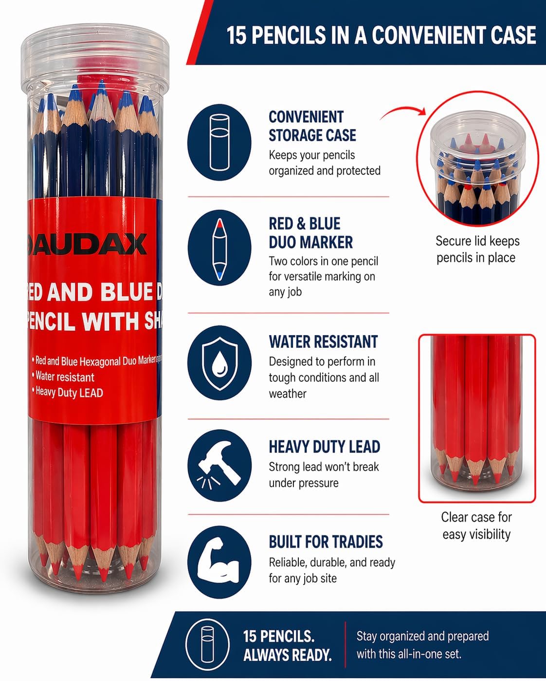 AUDAX 15-Pack Duo Marking Pencils 175mm with Sharpener