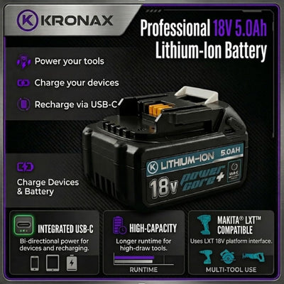 KRONAX 18V 5.0Ah Battery with USB-C for Makita LXT Tools
