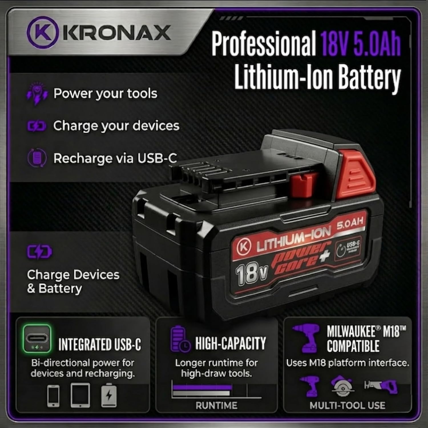 KRONAX M18 18V 5.0Ah Lithium Battery with USB-C