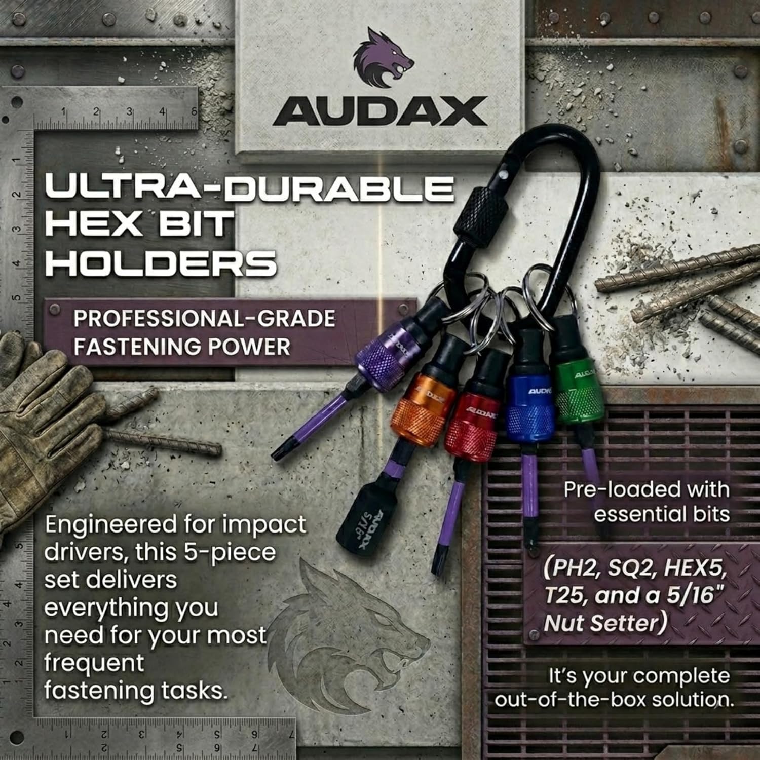 AUDAX 5-Piece Impact Bit Holder Set with HYPERTORQUE Bits